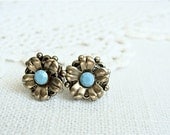 Antique Brass Flower Post Earrings.  Vintage Turquoise Rhinestones.