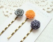 Antique brass or silver bobby pin set.  Hair accessories for fall. Spring accessory. Purple. Orange. Gray.