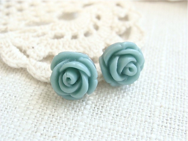 Turquoise blue rose bud post earrings.  Stud earrings.