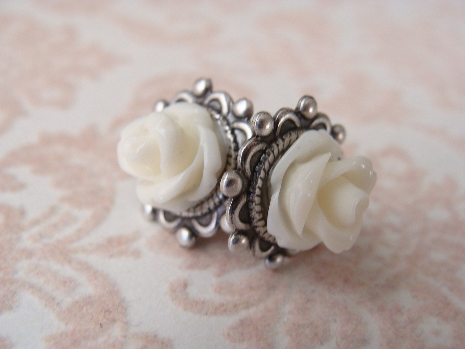 Cream Roses.  Antique Silver Post Earrings