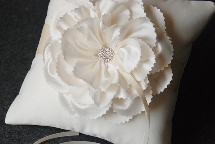 Ring Bearer Pillow - Ivory Satin Ring Pillow With Handmade Flower - Jackie