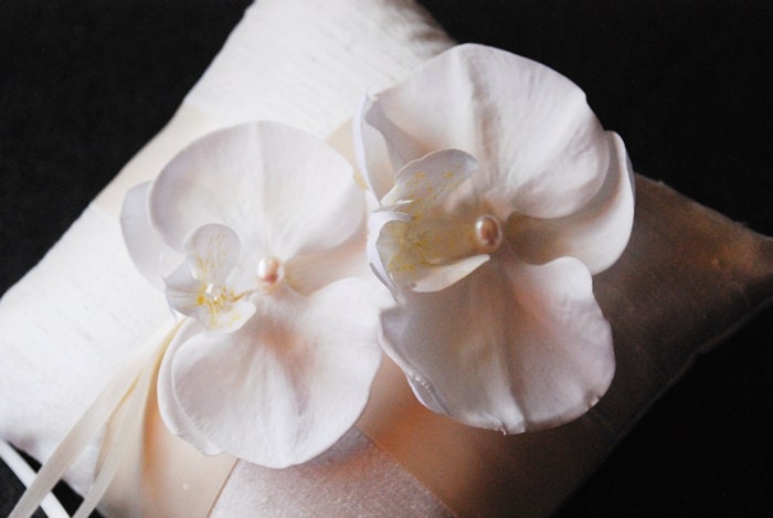 Ring Bearer Pillow - Light Ivory Silk Pillow with Cream Ribbon and Orchids - Mariko
