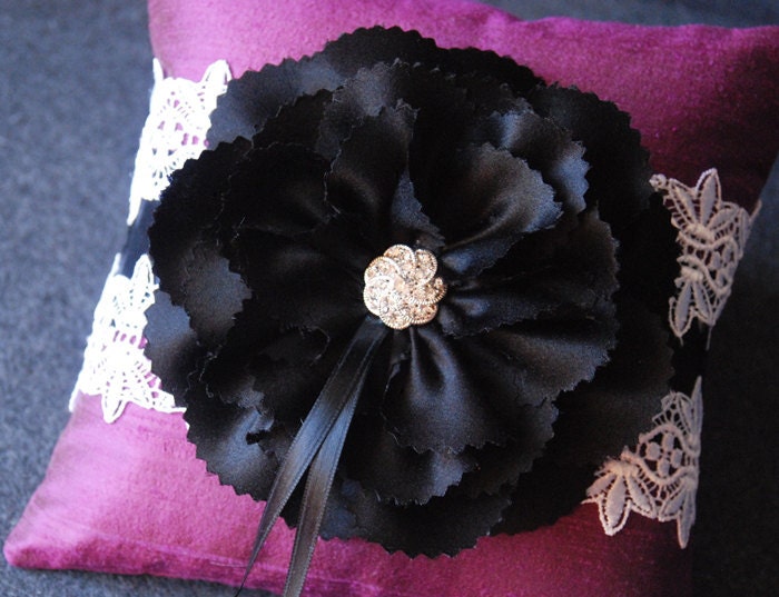 Ring Bearer Pillow - Purple Silk Ring Pillow with Black Ribbon, White Lace and Handmade Bloom - Aerin