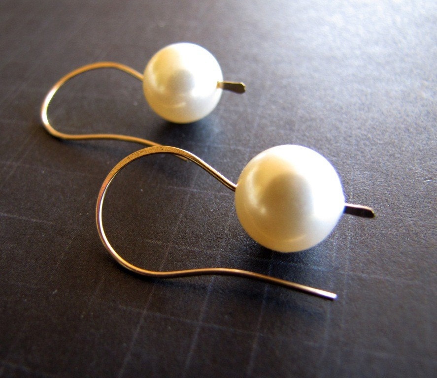 Earrings, white Swarovski pearl, petite, 14kt gold fill,  handmade in Australia