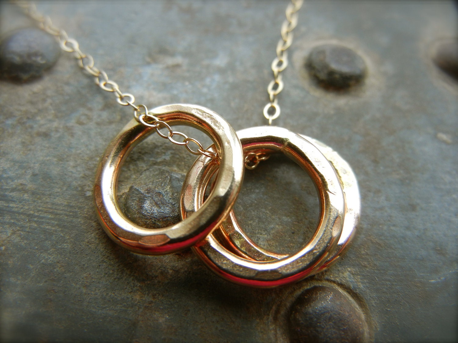 14k Gold Filled Ring Trio Necklace, 3 circles symbolize your Past, Present, and Future, or the three special people in your lifel