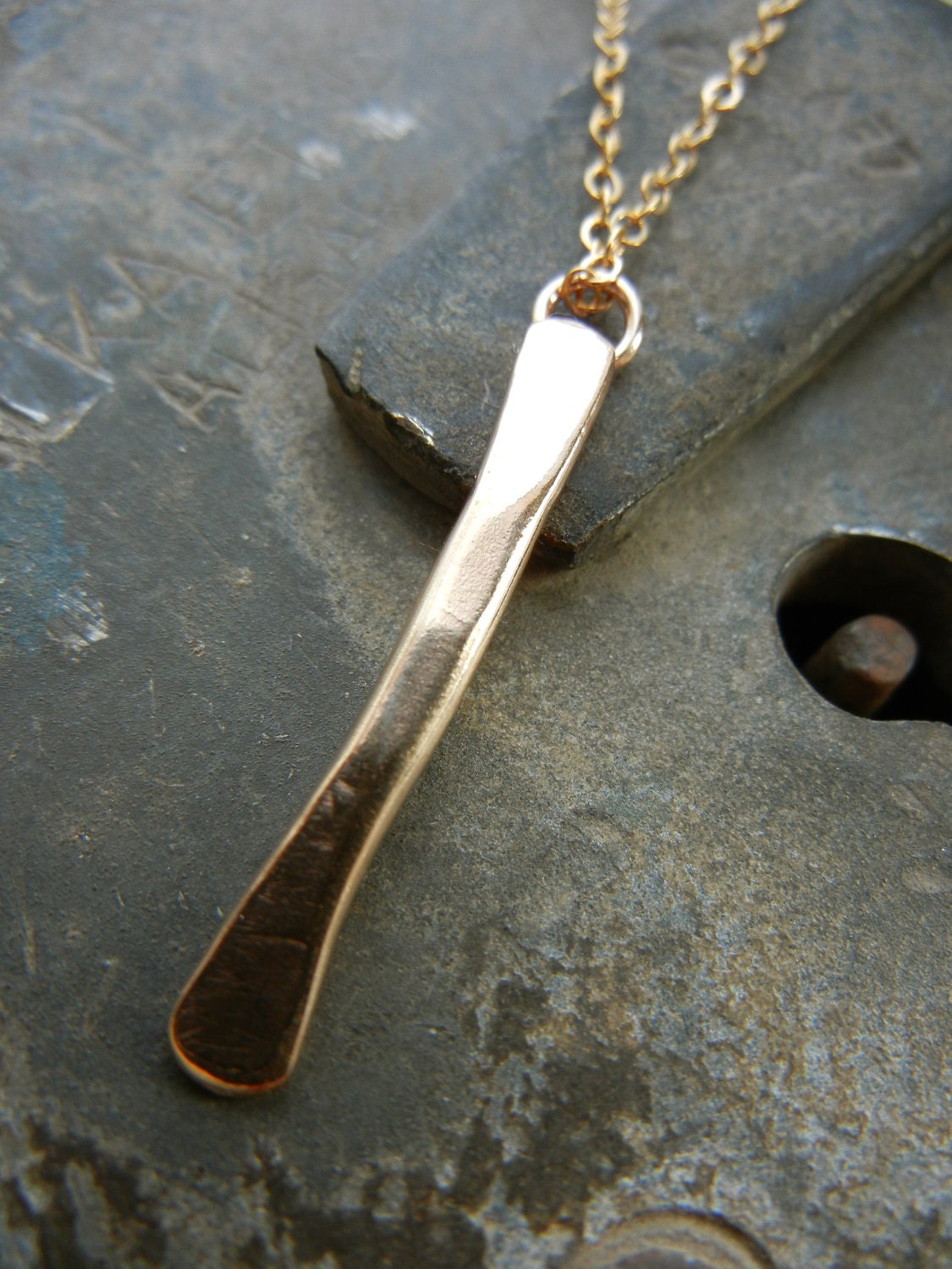 Small Liquid Gold Pendant, 14k gold fill vertical hammered bar necklace on a 14k gold fill cable chain