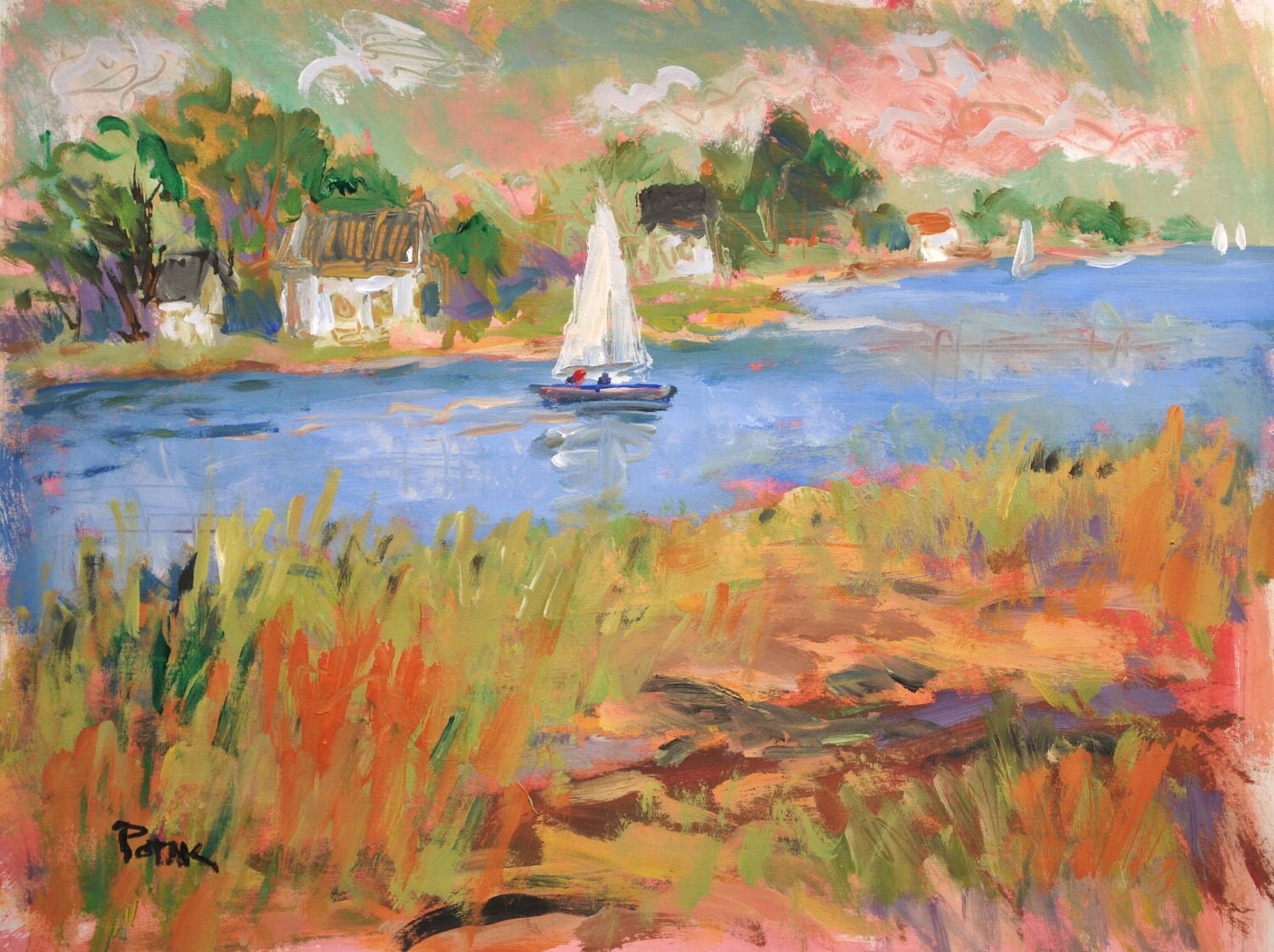 Original Painting of Seaside Cove with sailboats and saltwater marshes and cottages