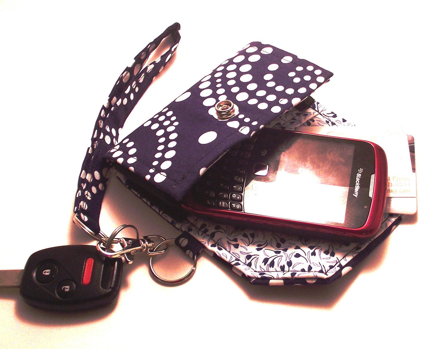 Custom Fit Cell phone wristlet with coordinating keychain and inside pocket - Navy with white polka dots