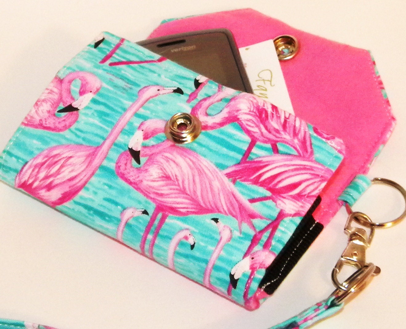 Custom Fit Cell Phone Case with coordinating keychain wristlet and inside pocket - pink flamingos