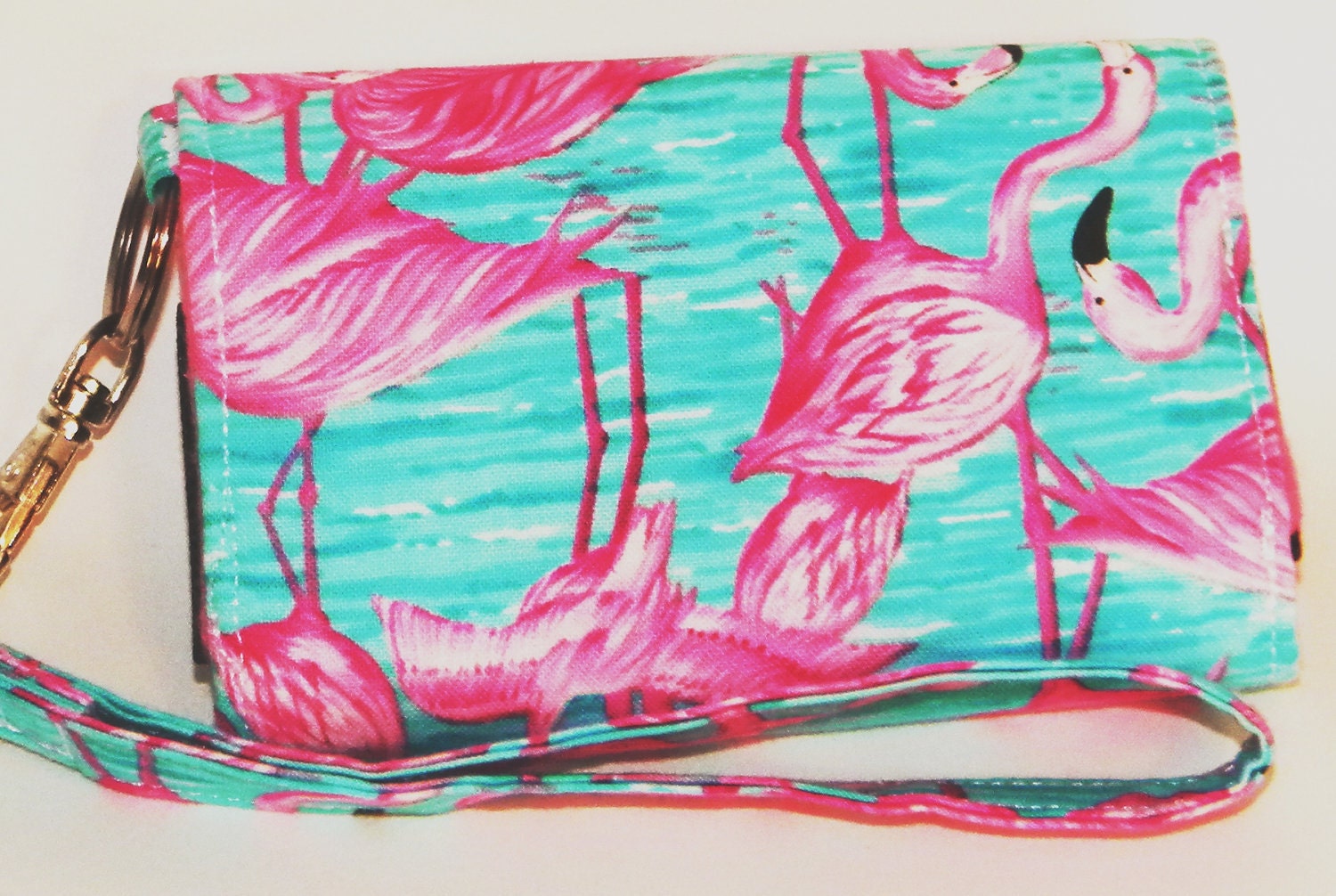 Custom Fit Cell Phone Case with coordinating keychain wristlet and inside pocket - pink flamingos