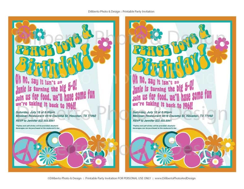 PRINTABLE Party Invitation : Hippie 1960s Birthday Party By DilibertoDesign