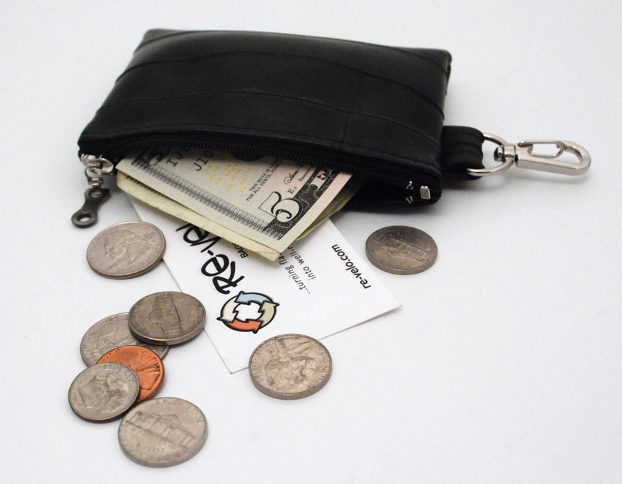 Bike Inner Tube Zippered Coin Purse with a Metal Clip