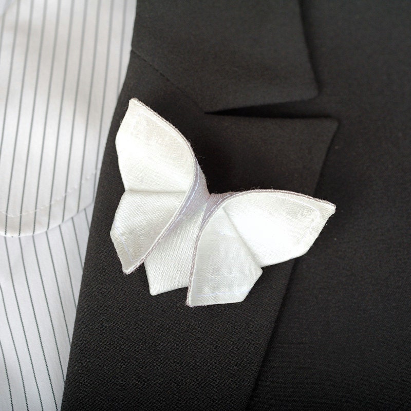 Wedding Corsage Boutonniere Brooch Butterfly Wedding Lapel Pin Silver Silk Bright White 100 SILK colors group DISCOUNT available MEDIUM size