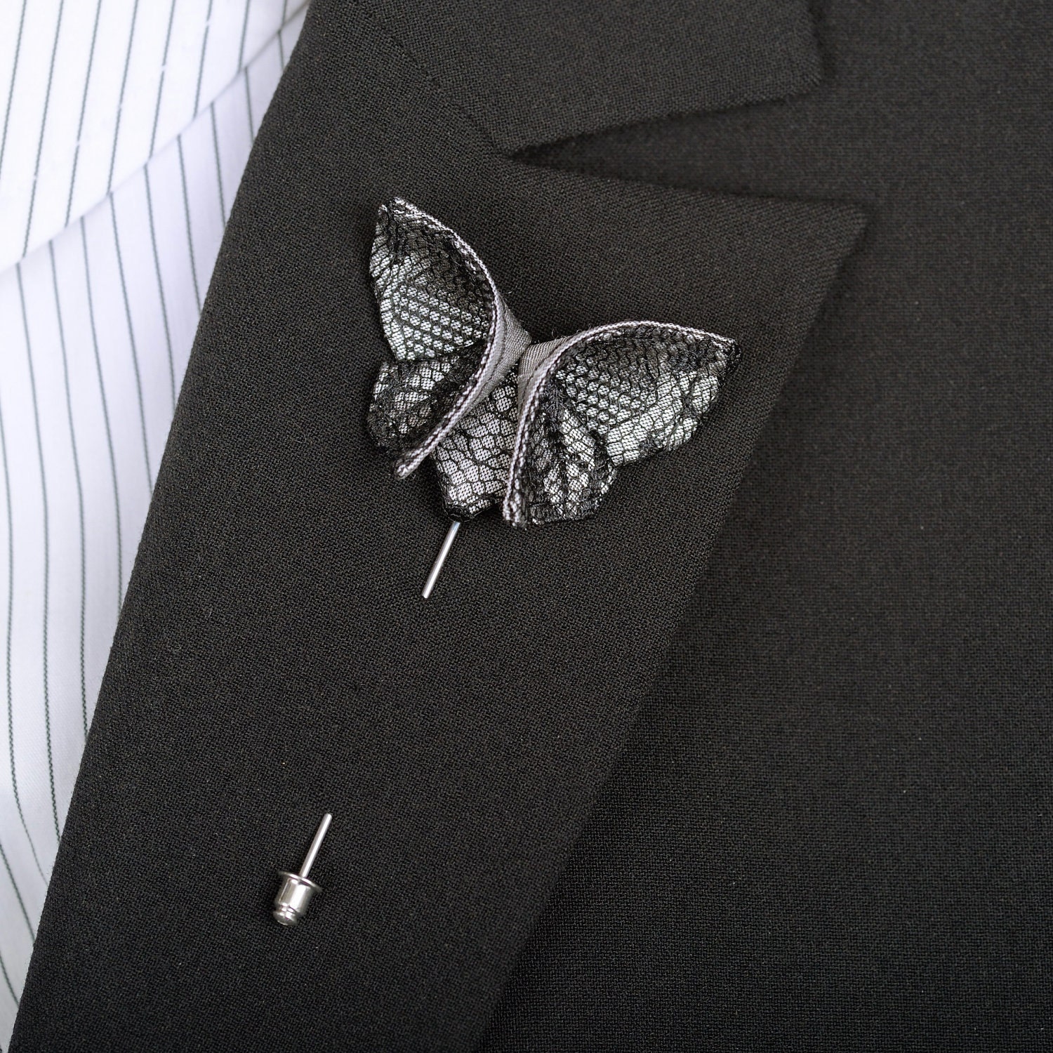 Boutonniere Silver Black Silk Origami Butterfly Wedding DISCOUNT AVAILABLE Stick Pin Corsage Buttonhole Sterling Black Lace 100 COLORS