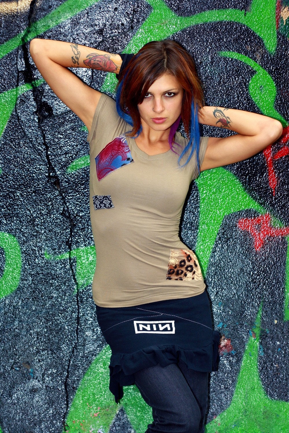 Organic PATCH-Work Butterfly Braided Tee open-back Top T-Shirt -- Custom Item -- LAST CHANCE