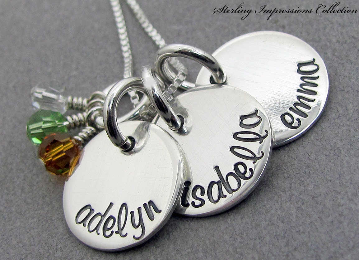 Hand Stamped Jewelry - Custom Name Necklace - Sterling Impressions Handstamped Three Disc Half Inch Pendant Birthstone Name Necklace