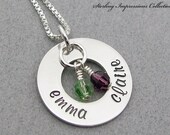 Washer Necklace - Personalized Hand Stamped Jewelry - Sterling Impressions Two Name Eternity Circle Birthstone Necklace