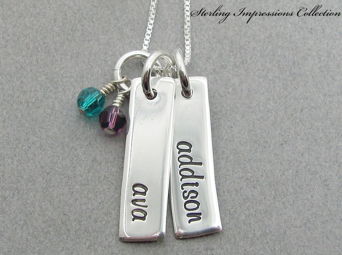 Name Necklace - Hand Stamped Jewelry - Sterling Impressions Two Rectangle Birthstone Name Necklace