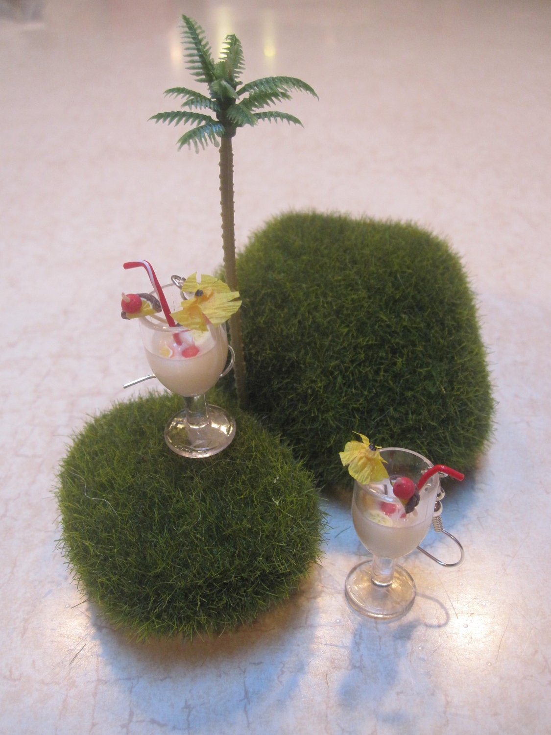 Pina Colada Earrings with Tiny Paper Umbrella, Pineapple Wedge and Marachino Cherry Garnish