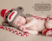 Sock Monkey Baby Hat....READY to SHIP .BAby Hat...Sock monkey crochet hat..Newborn photography prop..... PerfectlY AdoRABLE Baby HaT