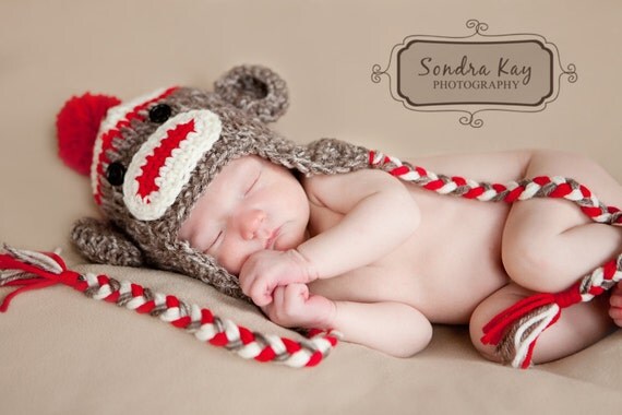 Sock Monkey Baby Hat... .BAby Hat...Sock monkey crochet hat..Newborn photography prop..... PerfectlY AdoRABLE Baby HaT