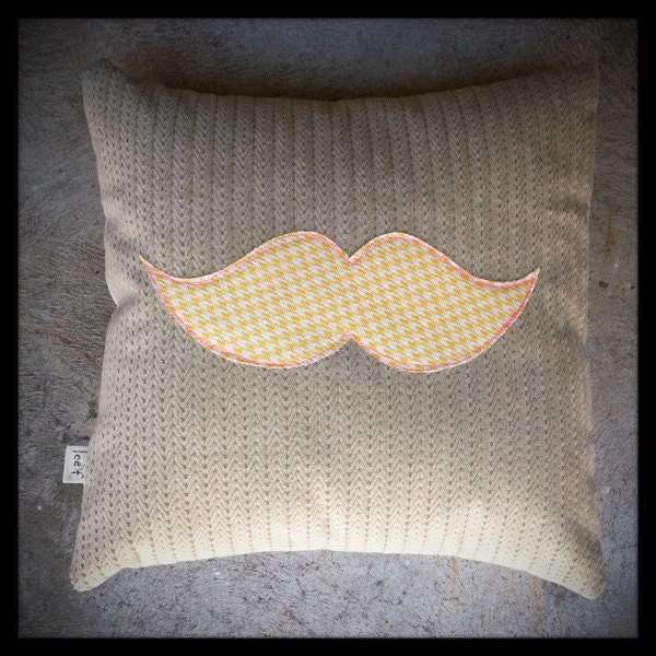 original mustache pillow -  yellow houndstooth & beige - case only