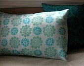 Aqua Water Lilies Hand Printed Linen Pillow 13 x 22