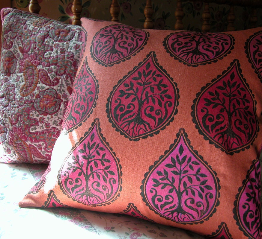 18 x 18 Black Red and Hot Pink Tree and Fern Hand Printed on Tangerine decorative linen pillow case