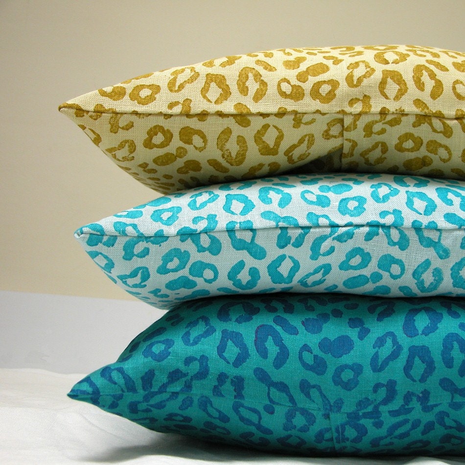 Leopard Peacock hand printed linen lumbar decorative pillow case