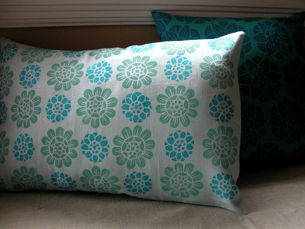 Aqua Water Lilies Hand Printed Linen Pillow 13 x 22