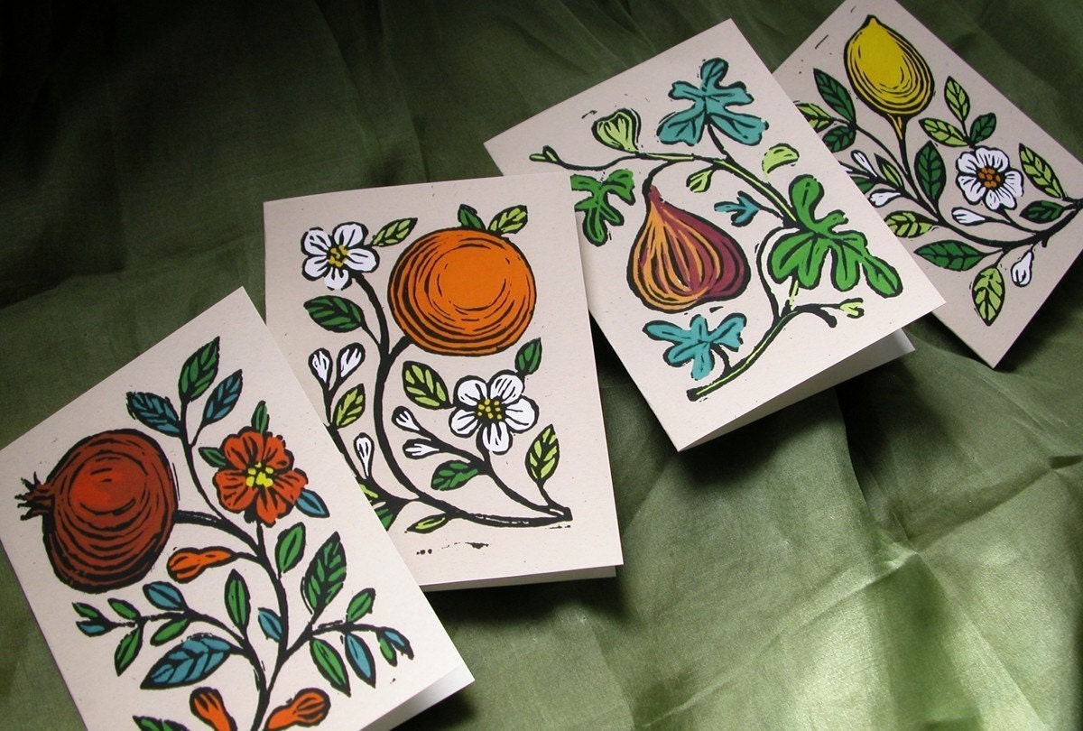 Fruit Linocut Reproduction Cards Set of 8 with envelopes