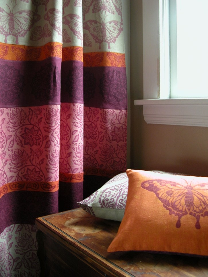 tangerine and plum butterfly decorative hand printed linen pillow case