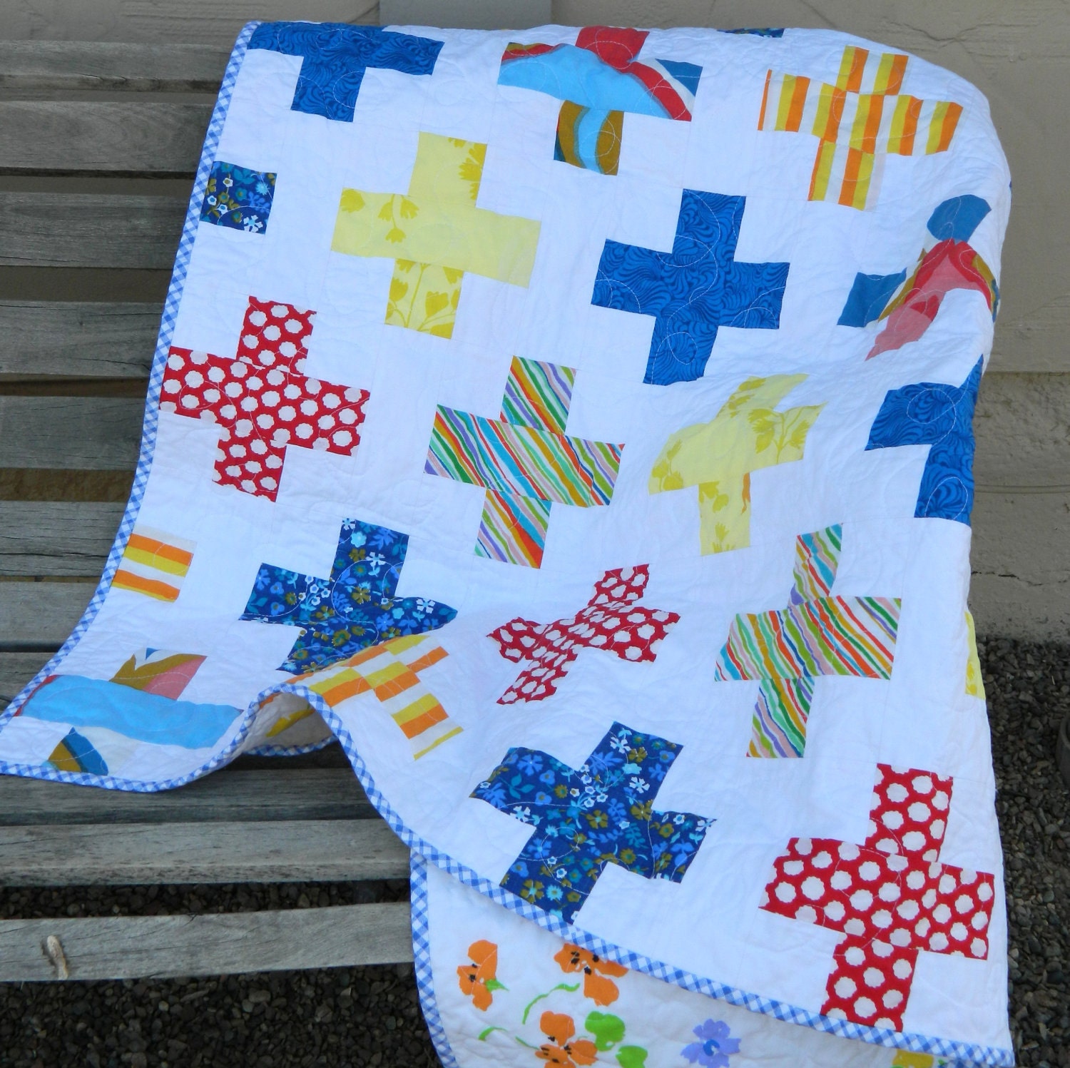 Handmade patchwork baby quilt - yellow, red, blue, orange vintage sheets