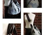 Light blue floral canvas with leather tote bag, Extra large diaper bag, convertible backpack messenger - Blue blossom