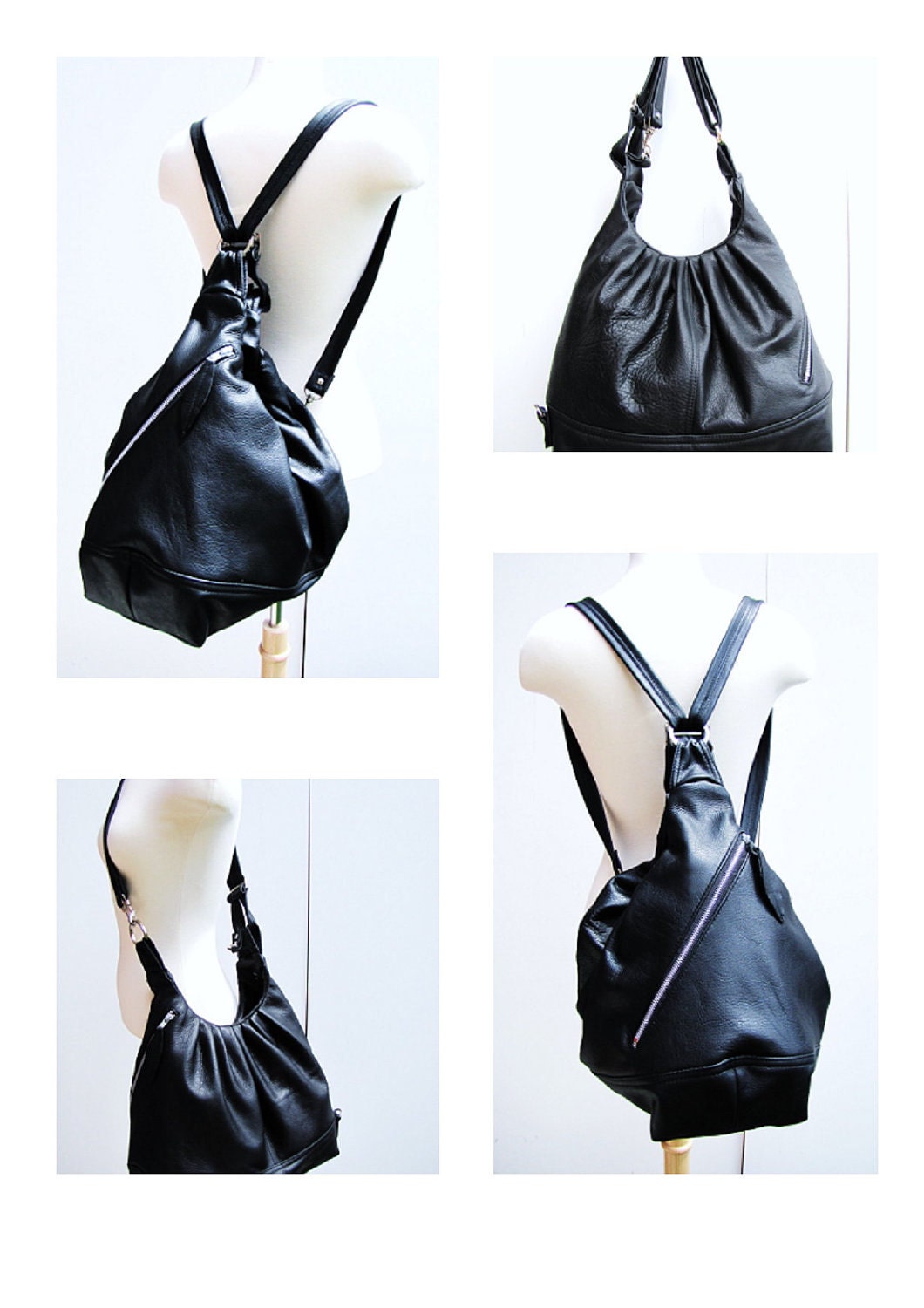 Large Black Leather bag, 3 way convertible purse, women's backpack - Black Diamond
