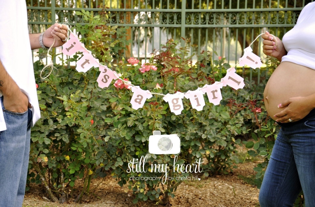 It's A Girl - Pink and Brown Onesie Clothesline Banner perfect for baby shower, party, or maternity photo prop