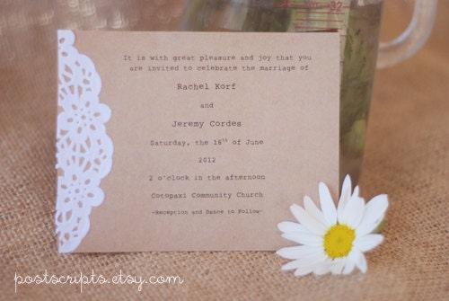 Custom Vintage Lace Doily Wedding Invitations with Typewriter Font - Save the Date - Baby or Bridal Shower - Engagement Party - Place Card