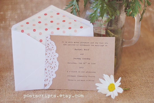 Custom Vintage Lace Doily Wedding Invitations with Typewriter Font - Save the Date - Baby or Bridal Shower - Engagement Party - Place Card