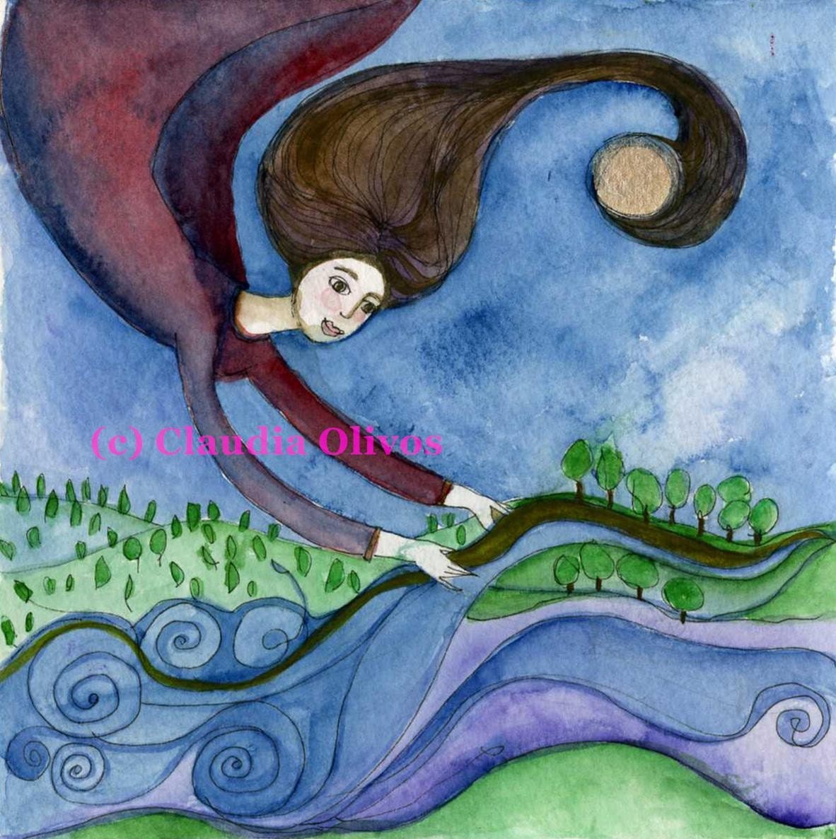 Mother Earth Art. Woman holding the path we walk on as her hair envelops the moon. Archival art print in purple, blue and green.
