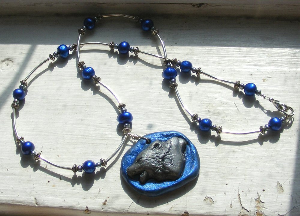 Wolf In Blue - Polymer Clay and Pearl Necklace