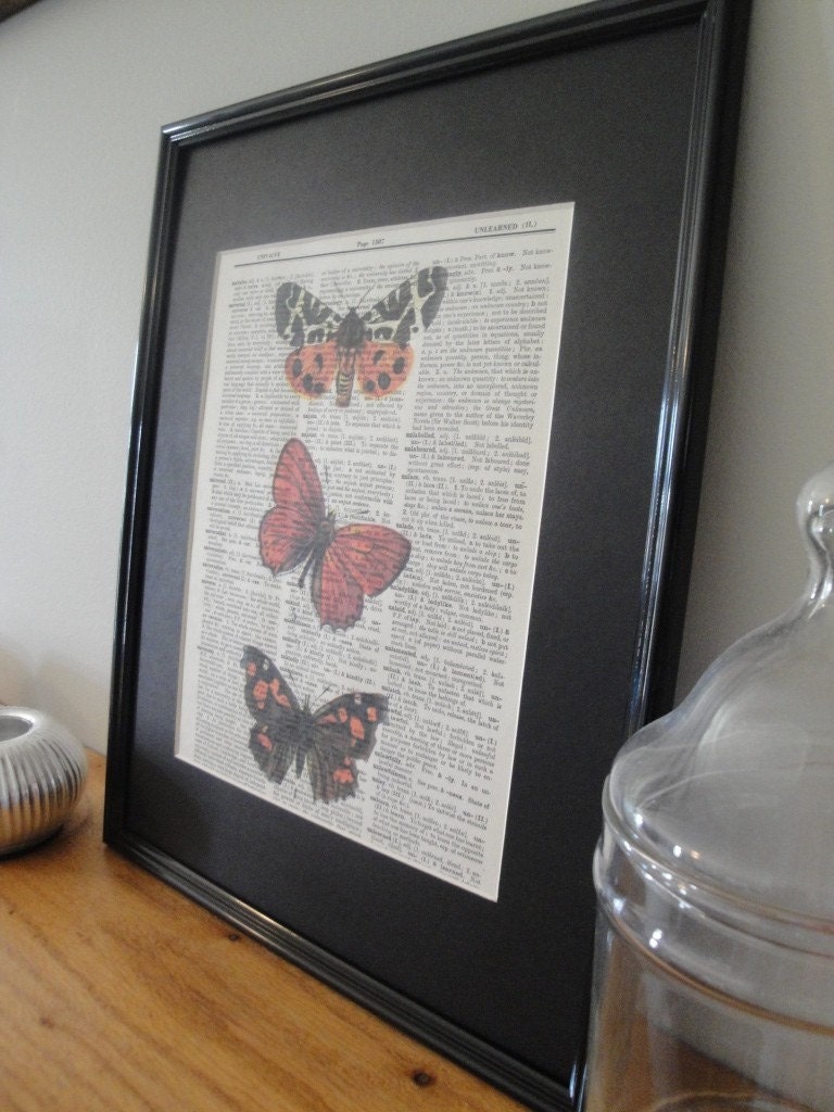 FRAMED 11x14 - Vintage Book Page Dictionary Print - Colorful Butterfly Trio