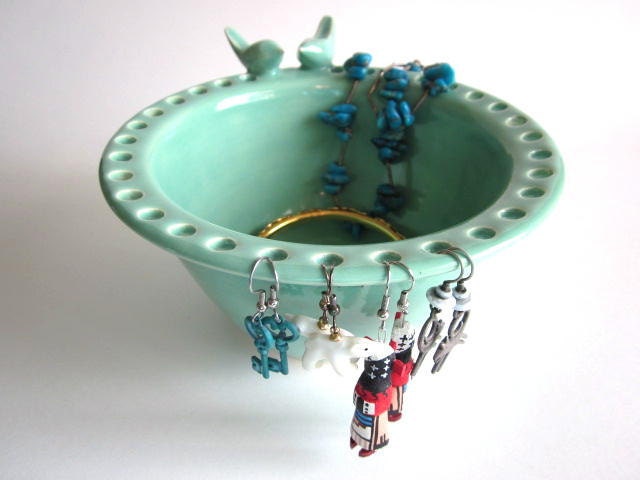 Jewelry bowl, Earring holder, Mint green, lovebirds,  pottery bowl, Handmade ceramic pottery