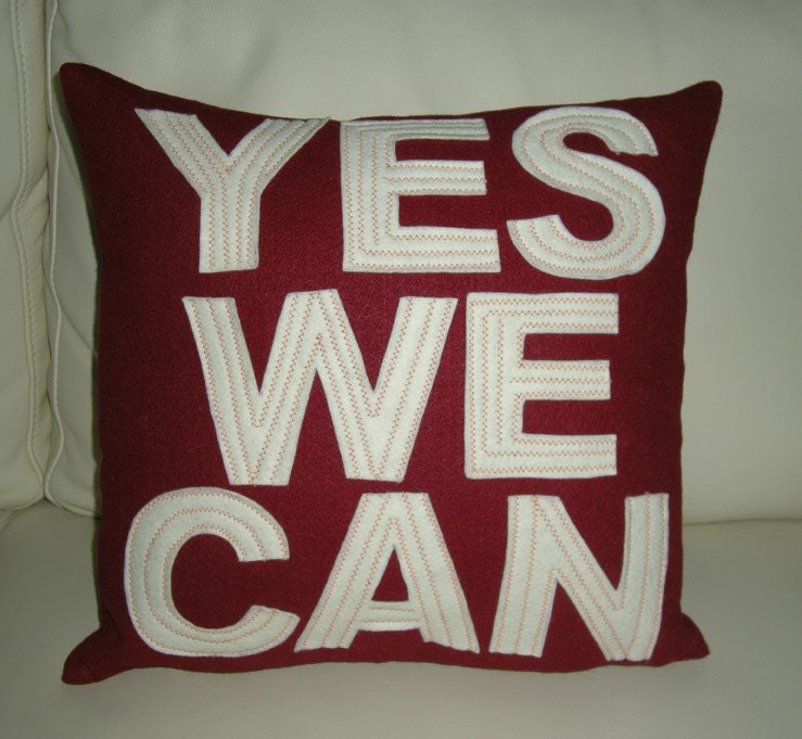 YES WE CAN felt applique throw pillow