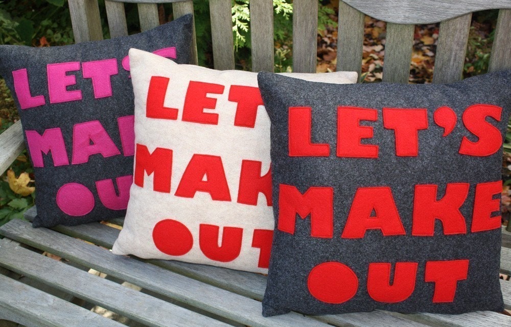 LET'S MAKE OUT - oatmeal and red- 16 inch recycled felt applique pillow