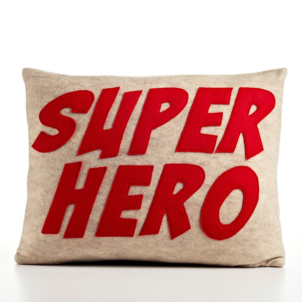 Super Hero-  recycled felt applique pillow 14"x 18" - more colors available