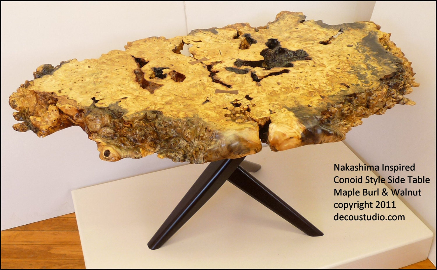 COMMISSION CUSTOM ORDER, Nakashima Inspired Conoid Style Contemporary Side Table Burl Natural Edge Walnut Leg Art furniture