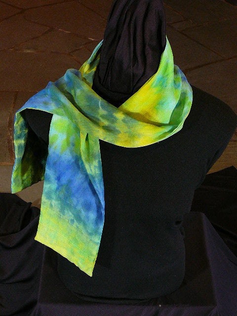 Summer's Day, Shibori Hand Dyed Silk Multicolor Silk Scarf in shades of blue, green, yellow, aqua and turquoise