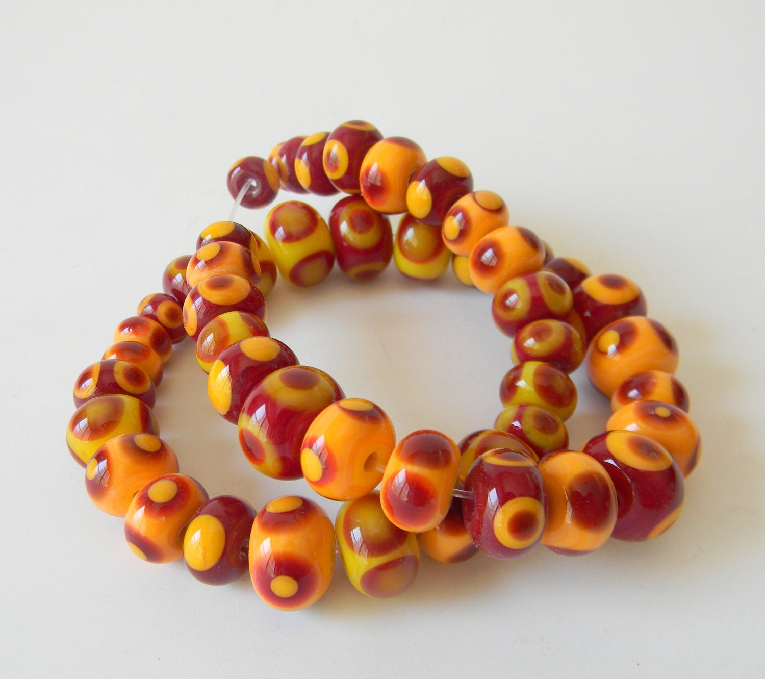 Dark Red and Yellow Lampwork Bead Set of 46 Donut Rounds