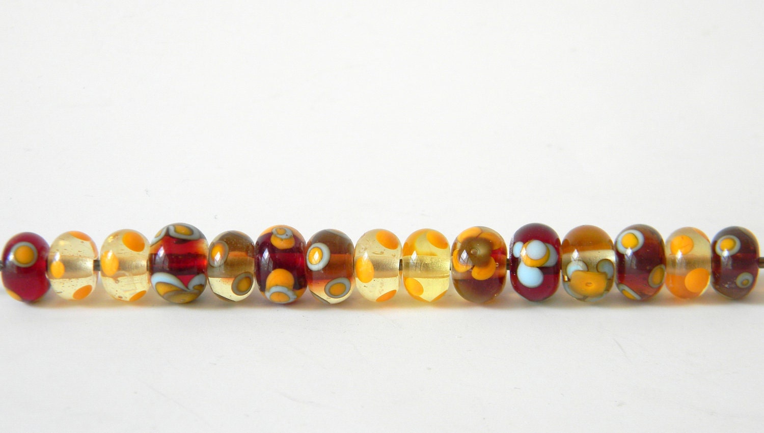 Lampwork Bead Set, 15 Beads, Striking Red, Yellow, Light Blue and Yellow, Donut Rounds, Flowers and Spots