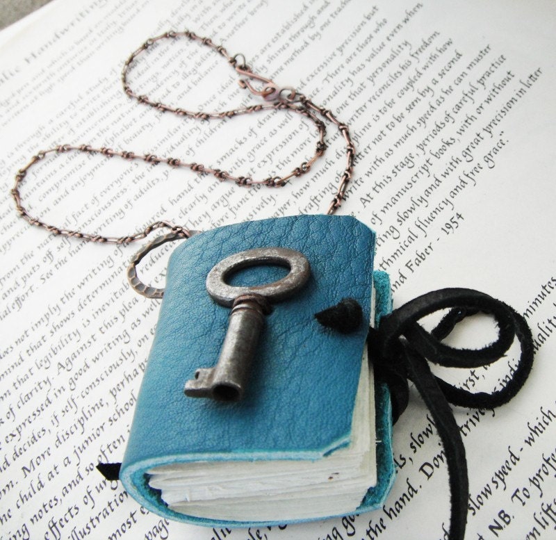 Teal Secrets -  book necklace with copper chain. a locket for your thoughts.